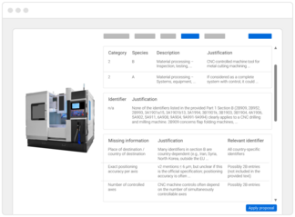 AI-based determination of the export control number with justification for audits.