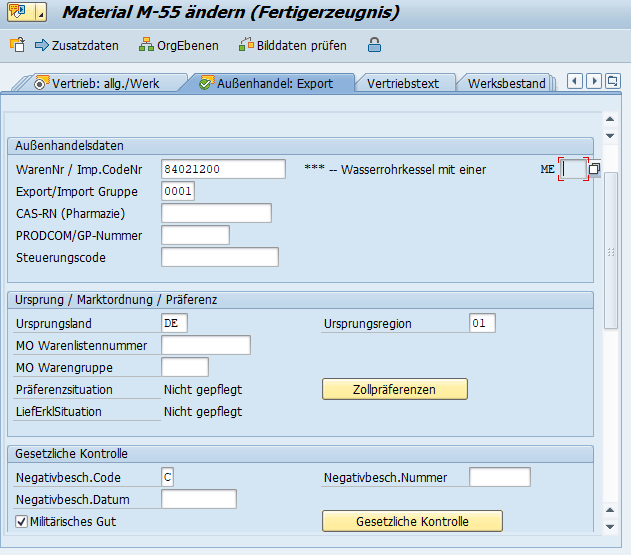 Materialstamm in SAP ERP® mit Feldern zu Warenursprung und Präferenzen
